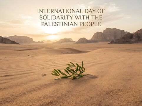 Olive branch on sand for international day of solidarity with the palestinian people