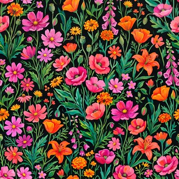 Elegant Seamless Floral Pattern with Blooming Spring Flowers Butterflies and Leaves Vintage Vector Illustration for Wallpaper Textile Fabric and Decorative Background Design
