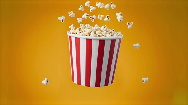 Popcorn kernels fly dynamically out of a classic red and white striped bucket set against a warm yellow studio background. Perfect for streaming service intros, snack commercials, and theater visuals.