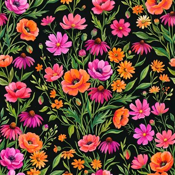 Elegant Seamless Floral Pattern with Blooming Spring Flowers Butterflies and Leaves Vintage Vector Illustration for Wallpaper Textile Fabric and Decorative Background Design