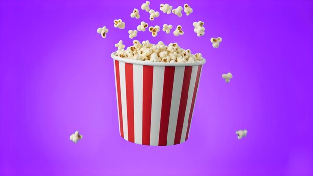 A vibrant red and white popcorn bucket with popping corn pieces isolated on a solid purple background. Perfect for modern entertainment promos, cinema visuals, streaming channel graphics, and snack br