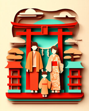 神社にお参りする七五三 切り絵イラスト
