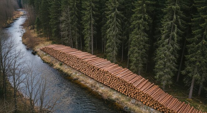 Massive timber logs neatly stacked alongside a forest and flowing river, showcasing natural resource collection.