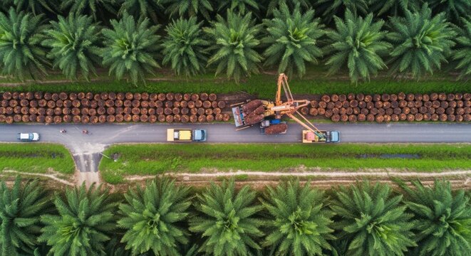 Modern Oil Palm Harvesting Operation with Heavy Machinery and Trucks in a Plantation Landscape Viewed From Above