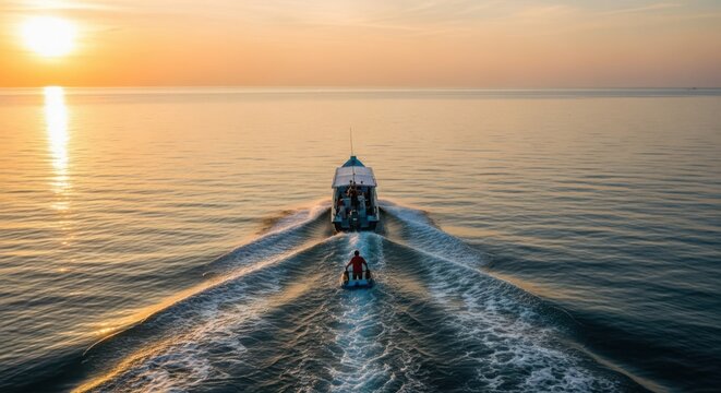Motorboat creating a powerful wake on calm ocean water at sunset with a person on a jet ski following behind