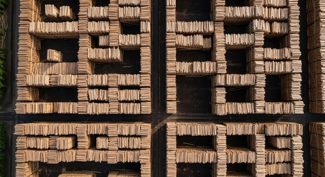 Neatly stacked rows of harvested timber in an outdoor lumberyard showcasing natural wood grain and texture