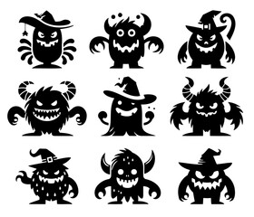Cute Halloween Monster Silhouette Icons Set, Funny Spooky Creature Collection
