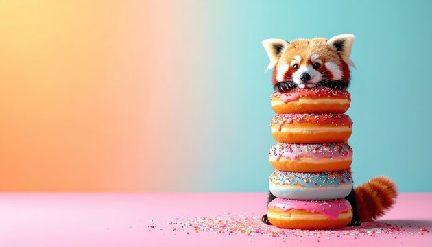 Cute red panda behind a tall stack of colorful glazed donuts with sprinkles on a pastel background with copy space