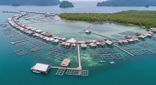 Panoramic aerial view of a vibrant stilt village and aquaculture farms nestled in turquoise island waters
