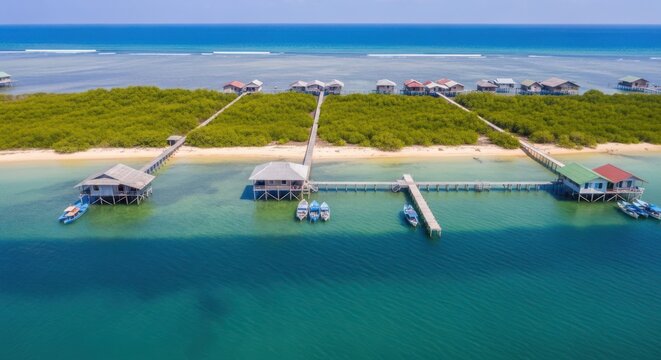 Remote stilt village on a tropical island with calm ocean waters and lush green vegetation.