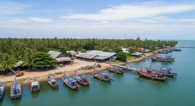 Scenic aerial panorama of a coastal fishing village with boats docked along the serene harbor waters