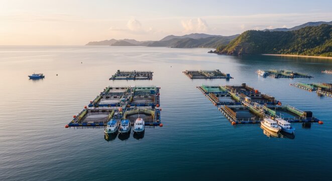 Serene Aquaculture Farm with Boats and Floating Cages in the Ocean at Sunset