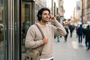 Fototapeta premium Generative AI, Man listening to music with headphones walking on a city street