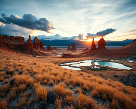 Paysage d&eacute;sertique spectaculaire au coucher du soleil avec formations rocheuses de hoodoos et sources g&eacute;othermales turquoise en Arizona, &Eacute;tats-Unis