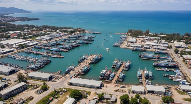 Spectacular Aerial View of a Bustling Maritime Harbor Filled with Numerous Ships and Boats Under a Bright Sky