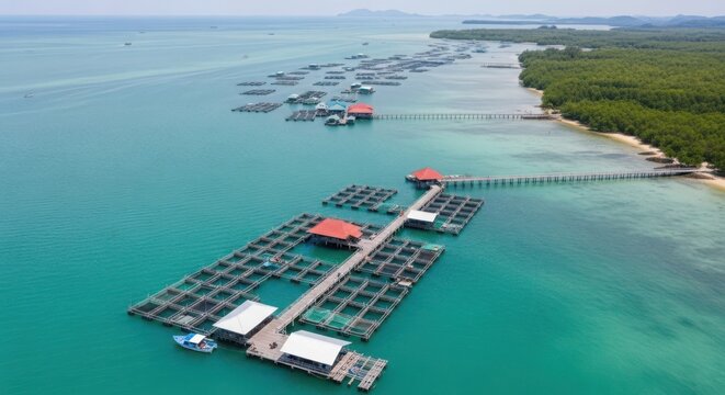 Spectacular aerial view of a large-scale aquaculture farm with interconnected floating platforms and buildings on turquoise waters