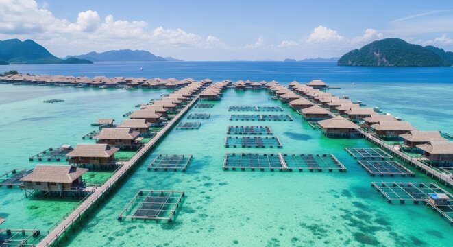 Spectacular aerial view of a tropical island resort with overwater bungalows and aquaculture farms in turquoise waters