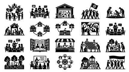 Obraz premium Community, Education, and Social Cause Icons: Black and White Glyph Art
