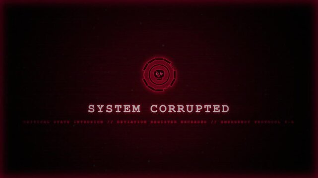 Digital red system corrupted terminal warning screen with skull icon glitch motion graphics loop.