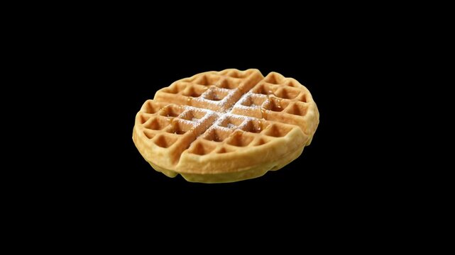 A crispy round waffle baked to perfection with a deep grid pattern isolated against a solid black background. Suitable for breakfast commercials, dessert packaging, restaurant menus, and food photogra
