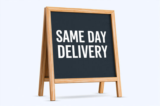 SAME DAY DELIVERY wooden A-frame sign on white background
