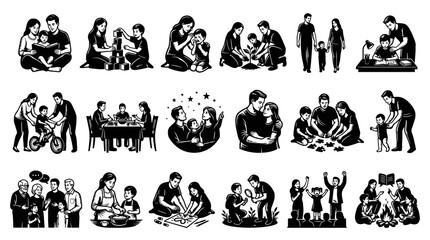 Fototapeta premium Black and White Line Art Family Activities and Love, Vector Icons