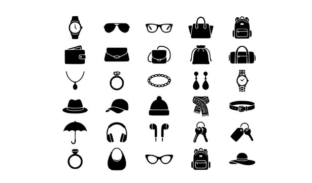 Gray Personal Accessories Flat Vector Icon Collection