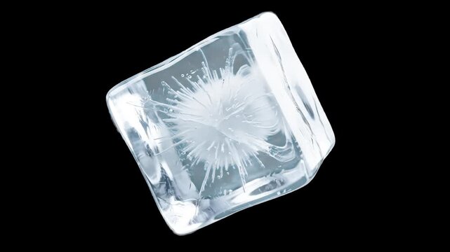 A realistic transparent square ice cube with intricate frozen internal cracks and reflections, isolated against a solid black backdrop with studio lighting. Excellent for drink commercials, cocktail m