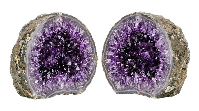 Amethyst geode bookends with purple quartz crystals, natural stone mineral specimens on white background, decorative gemstone home decor