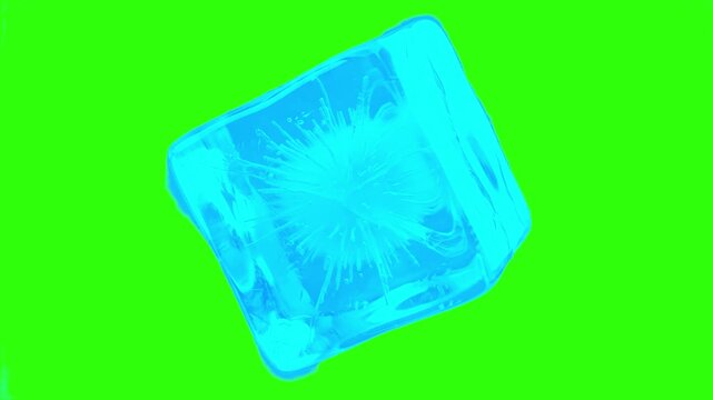 A vibrant glowing cyan ice cube with frozen frosted internal textures, isolated on a chroma key green background. Great for beverage commercials, cold effect promos, magic crystal VFX, and motion grap
