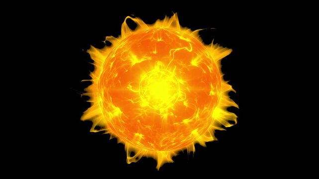 A blazing sun sphere radiating intense yellow and orange flames against a dark black space background. Suitable for astronomy videos, solar energy clips, cosmic VFX, and fantasy fire magic effects.