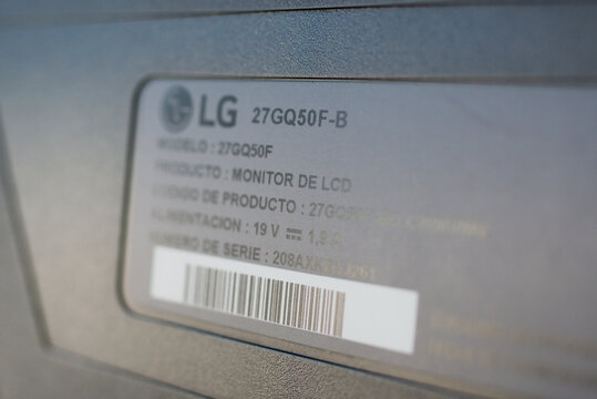ZAPOPAN, MEXICO - JULY 28, 2026: Close up of LG 27GQ50F-B monitor serial label.