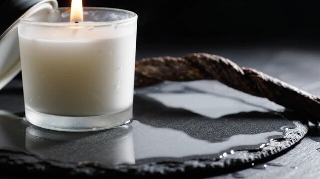 Lit white candle in glass on dark stone surface.