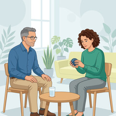 Fototapeta premium Therapist and patient in session, discussing a sensory ball, flat vector illustration.