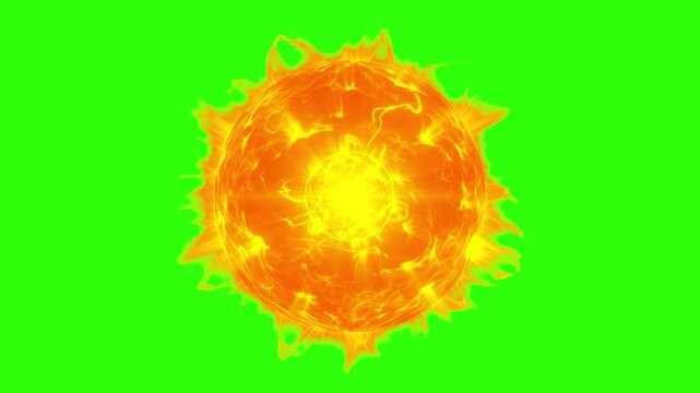 A glowing yellow and orange sun energy sphere flaming continuously on a solid green chroma key screen. Ideal for solar flair animations, sci-fi energy effects, magical fireballs, and seamless visual c