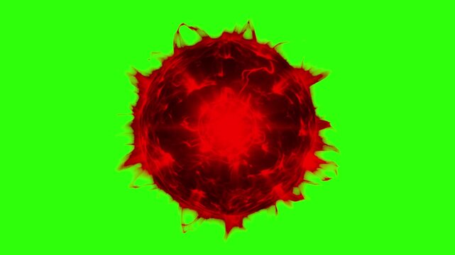 A blazing dark red fireball energy sphere burning intensely against a chroma key green screen background. Great for sci-fi magic spells, explosion visual effects, superhero powers, and easy video comp