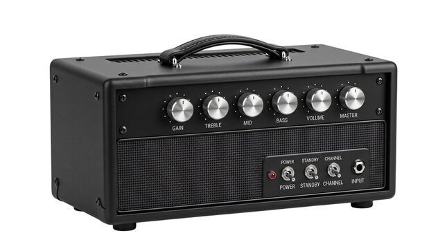 Professional black guitar amplifier head with silver knobs, electric guitar tube amp for studio recording, portable music equipment on white background