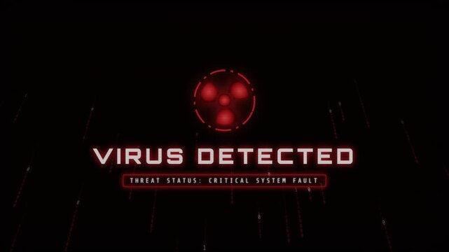 Cyber threat virus detected alert footage with glitch effect and critical system fault warning