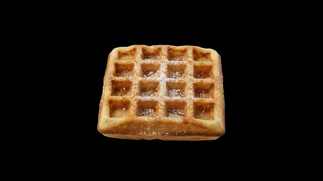 A delicious golden brown Belgian waffle dusted with powdered sugar, isolated on a solid dark backdrop. Suitable for breakfast menu design, cafe branding, dessert advertising, restaurant promo clips, a