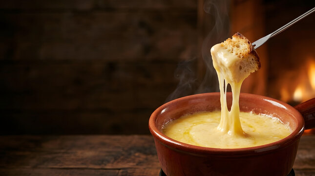 Steaming Cheese Fondue Pot with Crusty Bread Cube Being Lifted on a Fondue Fork with Melty Cheese Pull