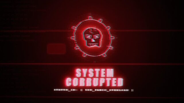 Red cybernetic system corrupted warning motion graphics with glitchy skull icon and data
