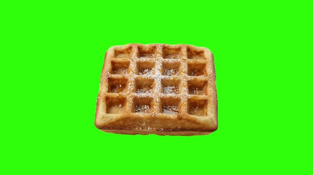 A golden brown square Belgian waffle isolated on a bright chroma key green screen background. Ideal for breakfast menu promos, dessert commercials, culinary videos, and easy keying overlays.