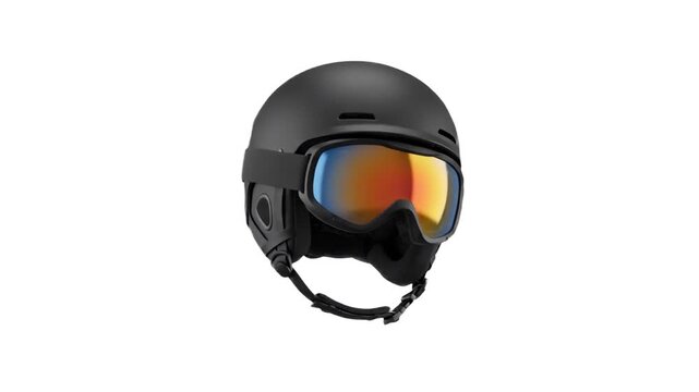 A modern black winter sports ski helmet equipped with reflective tinted goggles isolated on a plain white backdrop. Suitable for extreme sports promos, snowboarding gear advertising, winter equipment 