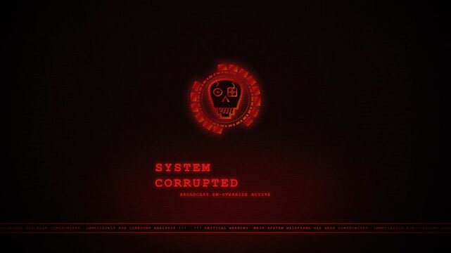 Cyberpunk system corrupted warning screen with glowing skull glitch motion graphics footage loop.