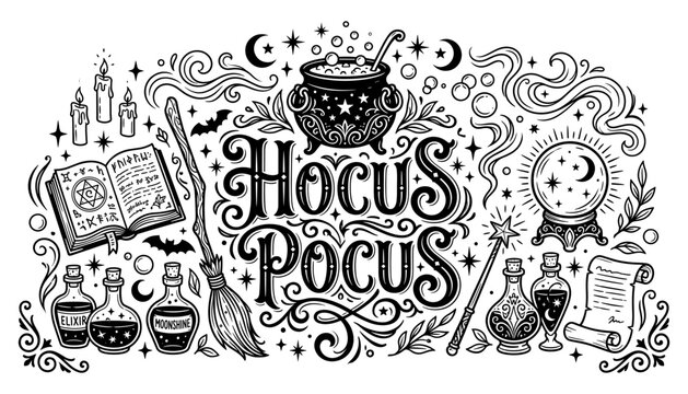 Black and white hand drawn illustration featuring the text hocus pocus surrounded by magical witchy items like potions and books
