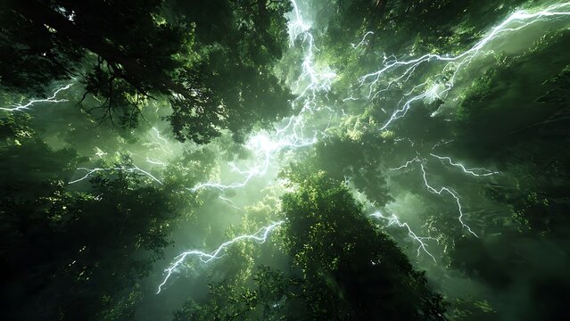 A dramatic low-angle view looking up into a dense dark forest canopy struck by glowing electric lightning strikes branching through treetops, evoking natural power and intense energy storms.