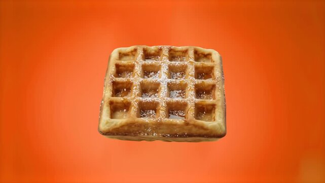 A golden baked square Belgian waffle presented against a warm orange studio backdrop. Excellent for breakfast cafe menus, dessert shop branding, bakery promos, and colorful food advertisement media.