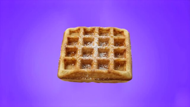 A crisp shot of a delicious square Belgian waffle with deep pocket grid pattern floating against a solid purple studio backdrop. Designed for dessert shop intros, cafe banners, food app UI graphics, a