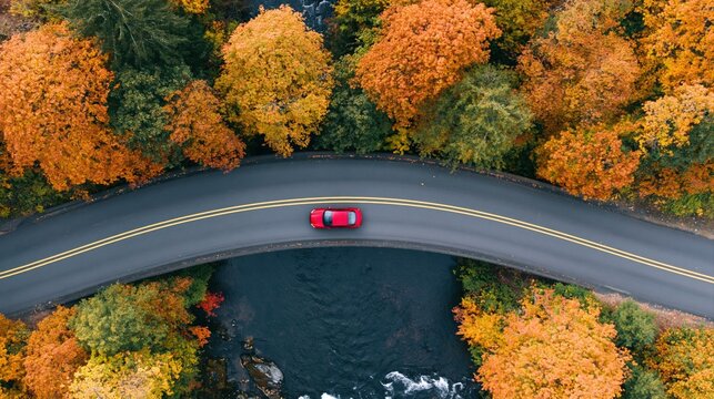 Aerial top down view of a red car driving across a curved bridge in autumn forest