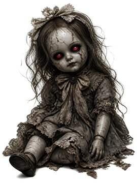  A hauntingly beautiful gothic doll with glowing red eyes and cracked porcelain skin, perfect for dark fantasy art, horror designs, and Halloween concepts.